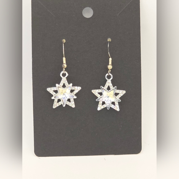 Handmade Jewelry - Silver & White Reflective Star Rhinestone Earrings‎ HypoAllergenic Handmade Hook